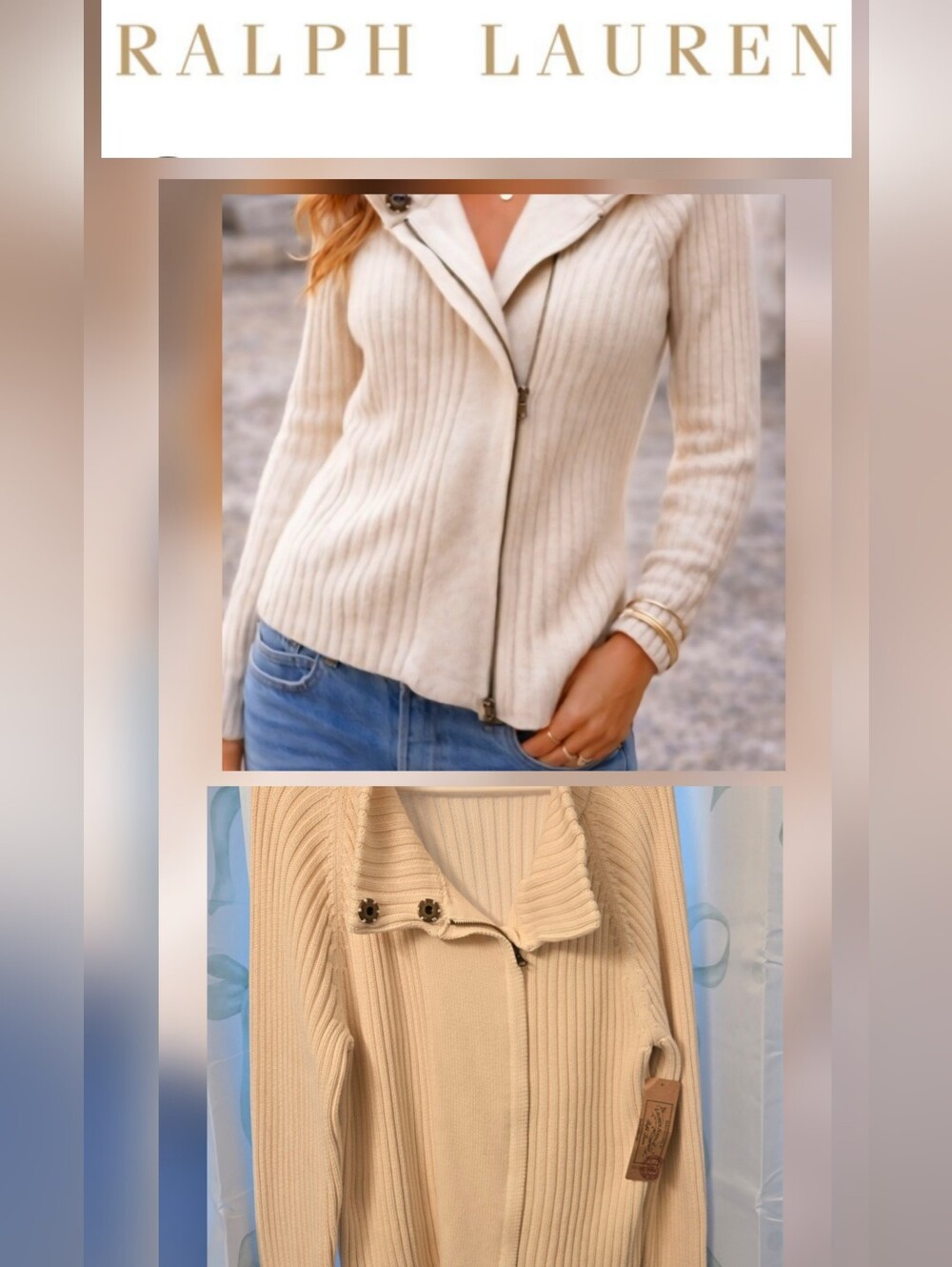 NWT Ralph Lauren Ivory Cream Ribbed Zip-Front Cardigan Jacket Size XL